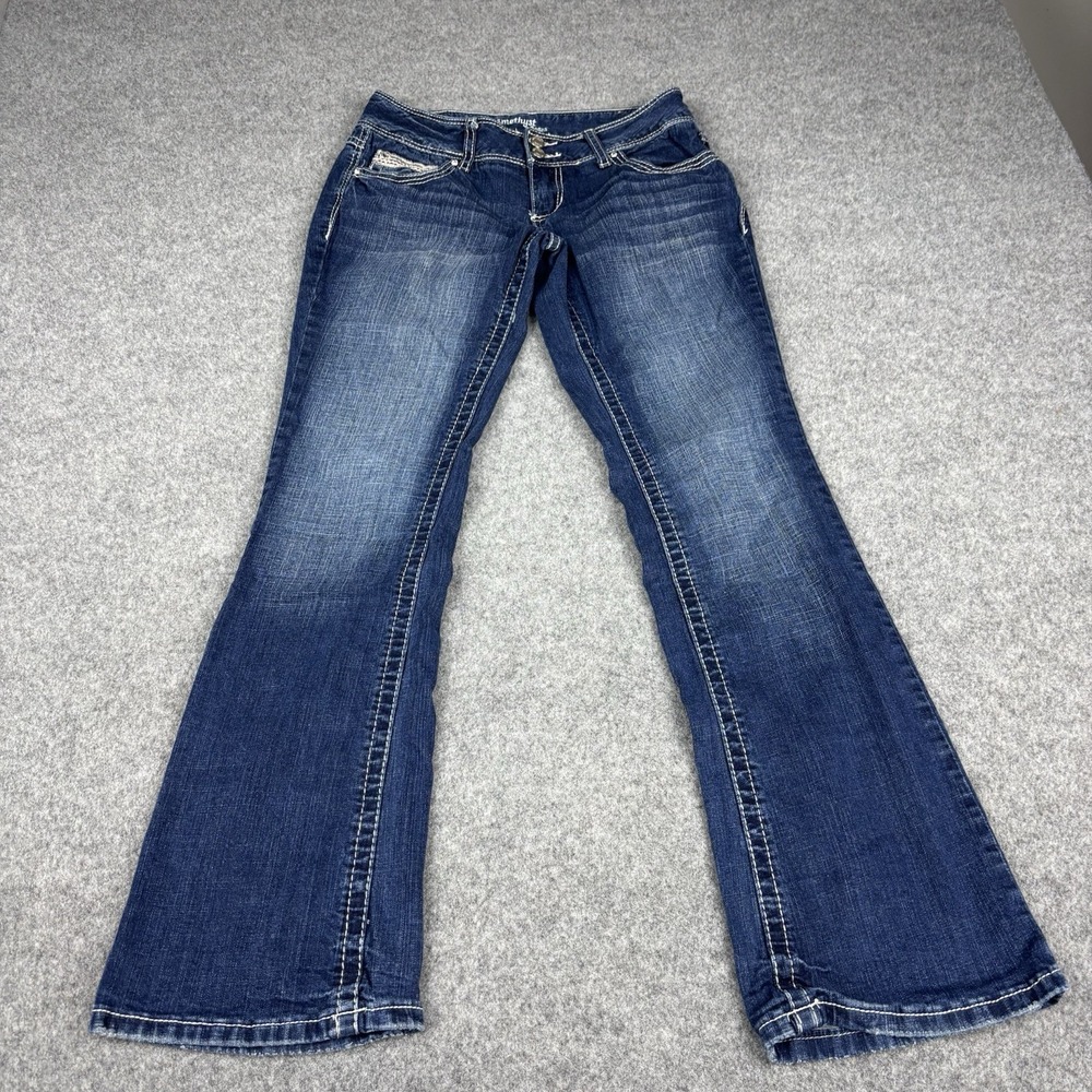 Amethyst Jeans Womens 7 Y2K Flare Low Rise Dark Wash Stretch Embellished Denim‎